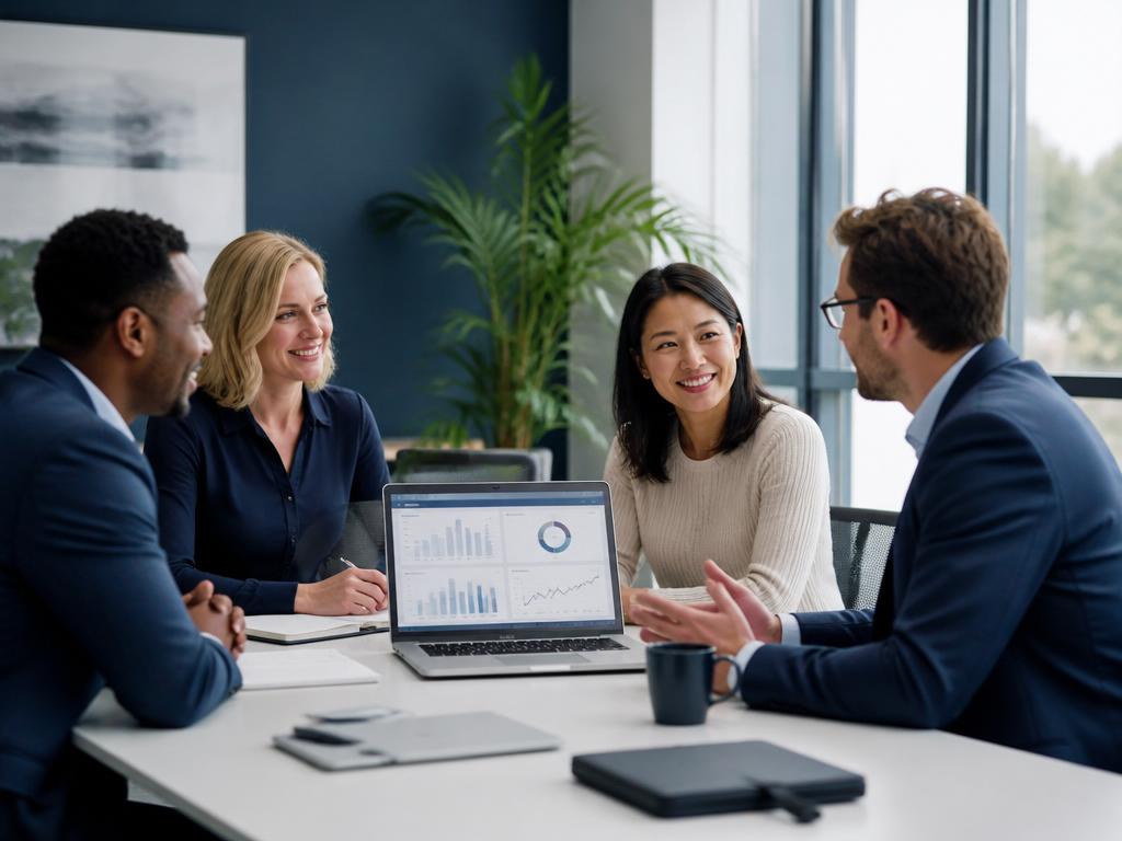 HR leaders and a consultant reviewing HCM system options on a laptop in a modern office