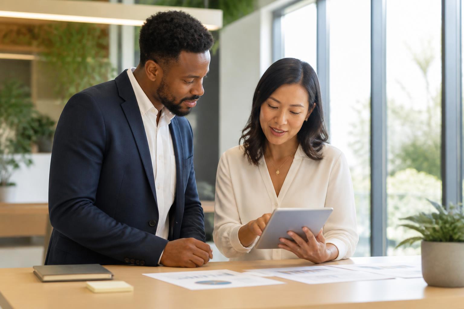 Two business consultants reviewing reports on a tablet in a modern California office